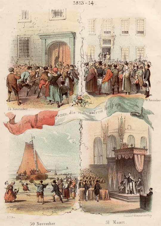 Veel historische gebeurtenissen werden in een sequentie weergegeven, zoals deze platen uit een jongensalmanak (1863)