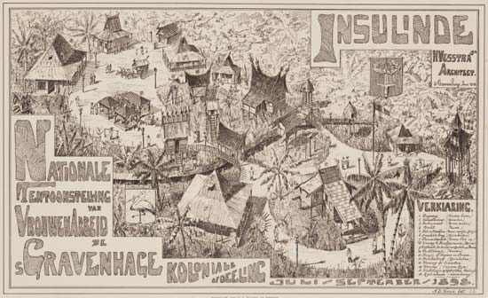 Insulinde, een Indonesische nederzetting, lithografie van N.D. Koene en G.J. Thieme, 1898