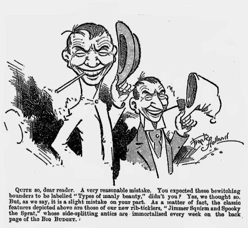 Frank Holland drew drew the recurring characters “Jimmer Squirm and Spooky the Sprat.”