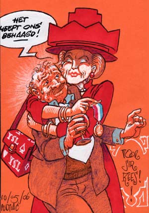 Queen Beatrix embraces her Knight - Sir Cornelis Kees Kousemaker, in a tribute drawn by dutch underground artist Peter Pontiac
